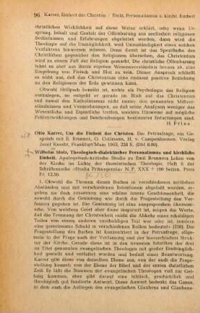 96-97 [Rezension] Karrer, Otto, Um die Einheit der Christen