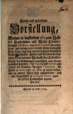 Kurtze und gründliche Vorstellung über die Cammeral-Oster-Ferien fürs Jahr 1724
