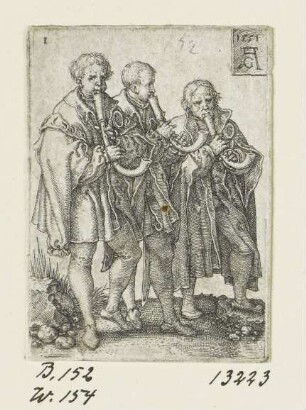 Drei Musiker mit Krummhörnern, Blatt 1 der Folge "Kleine Hochzeitstänzer"
