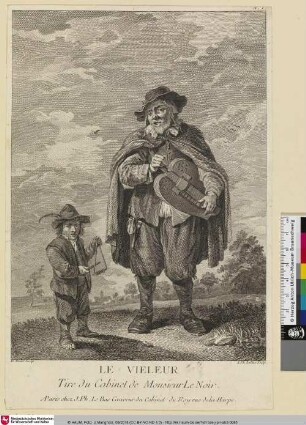 LE VIELEUR [Zwei Männer, ein großer und ein kleiner, stehen auf einer Wiese und musizieren mit Triangel und Leier]
