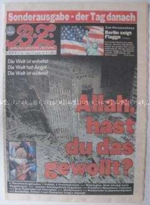 Sonderausgabe der Berliner Tageszeitung "BZ" zu den Terroranschlägen in den USA am 11. September 2001