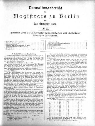 No. 27. Berichte über die Alterversorgungsanstalten und Hospitäler städtischen Patronats