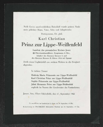 Brief von Hedwig Maria zur Lippe-Weißenfeld, Karl Christian zur Lippe-Weißenfeld, Sophie zur Lippe-Weißenfeld und Jobst Hermann zur Lippe-Weißenfeld an Gerhart Hauptmann