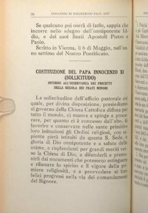 Costituzione Del Papa Innocenzo XI (Sollicitudo) Intorno All' Osservanza Dei Precetti Della Regola Dei Frati Minori