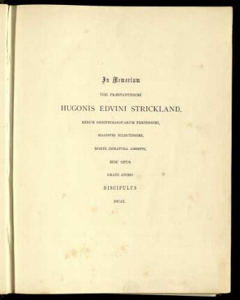In Momoriam Viri Præstantissimi Hugonis Edvini Strickland.