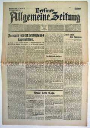 Tageszeitung "Berliner Allgemeine Zeitung" u.a. zur Besetzung des Ruhrgebiets