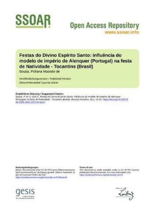 Festas do Divino Espírito Santo: influência do modelo de império de Alenquer (Portugal) na festa de Natividade - Tocantins (Brasil)