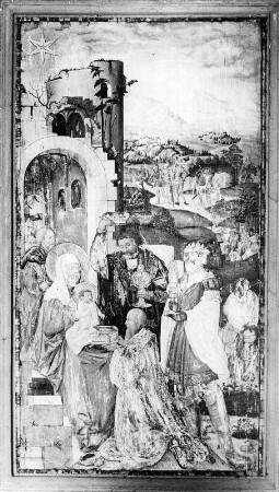 Anbetung der Heiligen Drei Könige : Anbetung der Heiligen Drei Könige. Tafelmalerei (um 1520/1530). Sonthofen (Kreis Oberallgäu), Friedhofskapelle Sankt Sebastian und Afra