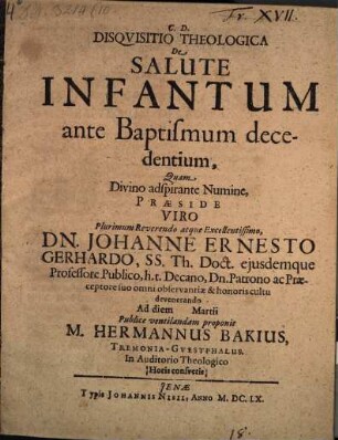 Disquisitio theol. de salute infantum ante baptismum decedentium