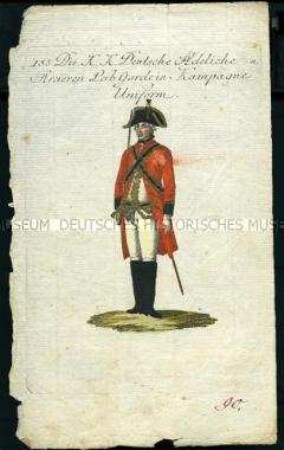 Uniformdarstellung, Gardist der K.K. Ersten Arcièren-Leibgarde in Feld-Uniform, Österreich, 1796. Tafel aus: Geschichte und bildliche Vorstellung der Regimenter des Erzhauses Österreich.