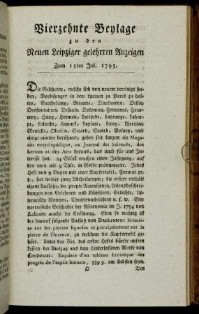 Vierzehnte Beylage zu den Neuen Leipziger gelehrten Anzeigen. Zum 15ten Jul. 1795.