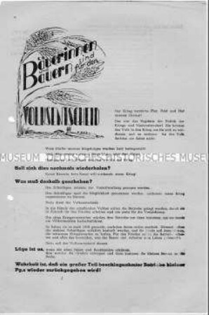 Aufruf zum Volksentscheid und Aufforderung an die Landbevölkerung zur Abstimmung für die Enteignung der Betriebe von Nazi- und Kriegsverbrechern