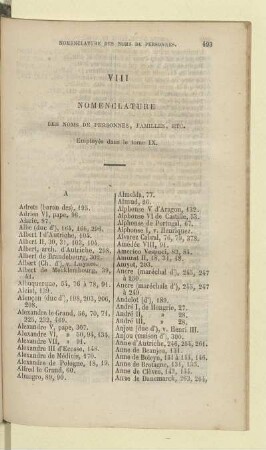 VIII Nomenclature des noms de personnes, familles, etc. Employés dans le tome IX