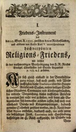 Sammlung einiger historischer und theologischer Schriften das Jubelfest 1555 geschl. Religionsfrieden betreffend