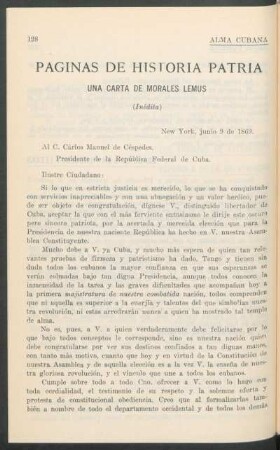 Páginas de Historia Patria : Una carta de Morales Lemus (inédita)