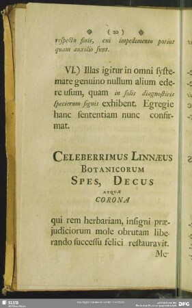 Celeberrimus Linnaeus Botanicorum Spes, Decus Atquae Corona