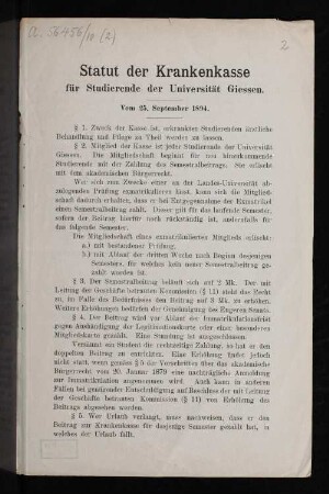 Statut der Krankenkasse für Studierende der Universität Gießen vom 25. September 1894