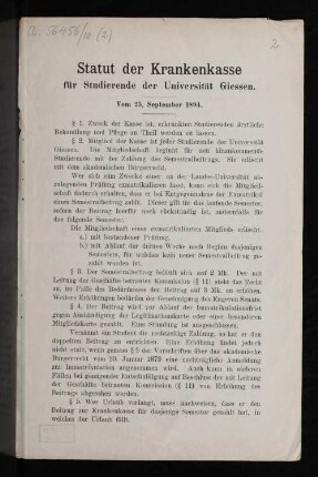 Statut der Krankenkasse für Studierende der Universität Gießen vom 25. September 1894