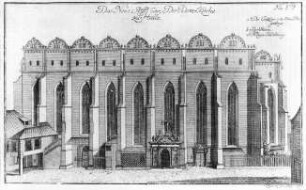 Halle (Saale), Dom, urspr. Dominikaner-Klosterkirche St. Pauli, von Süden, aus: Dreyhaupt, Johann Christoph von, Pagus Neletici et Nudzici, ...Halle 1749/50; Umbauten 1519-1526 nach Erhebung zum Neuen Stift; Bastian Binder (Umbau)