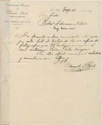 [Carta de Eduardo Bach a Señor Doctor Robert Lehmann-Nitsche, La Plata, Mayo 23 de 1902]