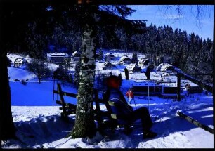 Hinterzarten: auf Häuser am Hang, Vordergrund Mädchen auf Bank