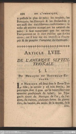 Article LVIII. De L'Amerique Septentrionale