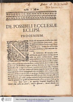 [Disputatio Theologica de Possibili Ecclesiae Eclipsi] : [Quam ... praeside Hermanno Hildebrandt ... ]