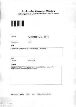 Gedenktage - Material zum 200. Geburtstag von J. E. Gossner