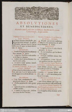 Absolutiones Et Benedictiones, dicendae ante Lectiones in Officio duodecim & trium Lectionum, atque unius