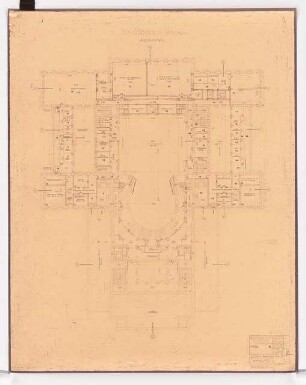 Wiener Staatsoper Wiederaufbau: Grundriss Bühnenhaus 4. Obergeschoss, Zuschauerraum Balkon 1:200