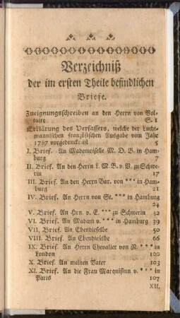 Verzeichniß der im ersten Theile befindlichen Briefe