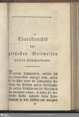 Charakteristik der größesten Weltweisen unsers Jahrhunderts