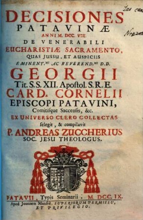 Decisiones Patavinae anni M.DCC.VIII. de venerabili eucharistiae sacramento