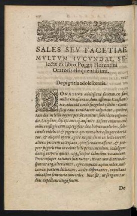 Sales Seu Facetiae Multum Iucundae, Selectae ex libro Poggi Florentini Oratoris eloquentissimi.