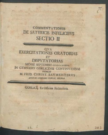 Sectio 2: Qva Exercitationes Oratorias Et Dispvtatorias Mense Septembri MDCCXXXVII In Gymnasio Gorlicensi Continvandas Indicit M. Frid. Christ. Bavmeistervs Avgvsti Gymnasii Gorlic. Rector