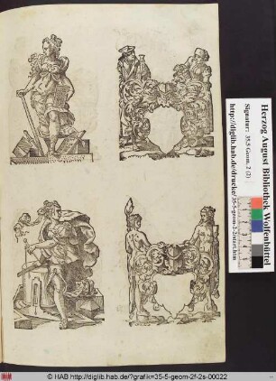Oben rechts: Gelehrter und Frau hinter einem leeren Wappenschild.