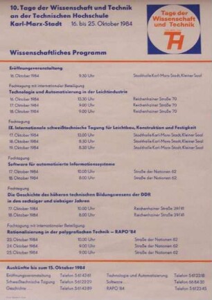 "10. Tage der Wissenschaft und Technik an der TH Karl-Marx-Stadt vom 16.10.-25.10.1984"