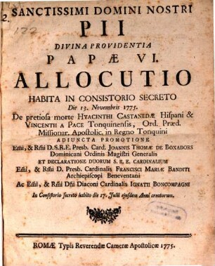 Allocutio habita 13. Nov. 1775 de pretiosa morte Hyacinthi Castanedae et Vincentii a Pace