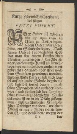 Kurtze Lebens-Beschreibung des seligen Petri Poiret