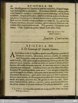 Epistola XIII. S. D. Generose & Nobilis Comes