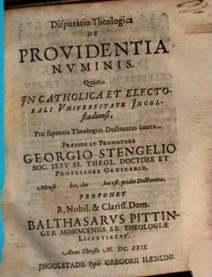 Disputatio Theologica De Providentia Nvminis