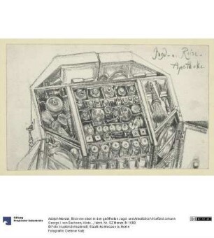 Blick von oben in den geöffneten Jagd- und Arbeitstisch Kurfürst Johann Georgs I. von Sachsen, Historisches Museum, Dresden