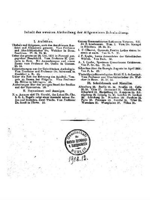 Inhalt der zweiten Abtheilung der Allgemeinen Schulzeitung : [März 1832, Heft 27 - 39]