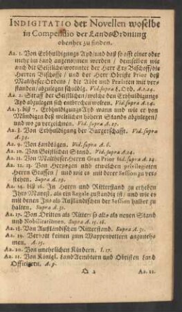 Indigitatio der Novellen woselbe in Compendio der LandsOrdnung obenher zu finden.