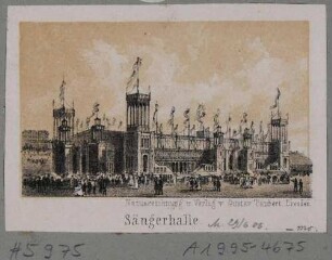 Die Festhalle des Ersten Deutschen Sängerbundfestes in Dresden vom 22. bis 25. Juli 1865 von Architekt Ernst Giese und Konstrukteur Baumeister Ed. Müller auf den Elbwiesen unterhalb des Waldschlösschens