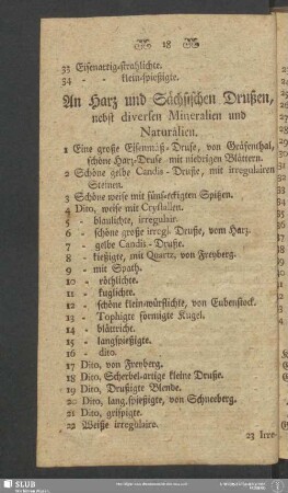 An Harz und Sächsischen Drußen, nebst diversen Mineralien und Naturalien