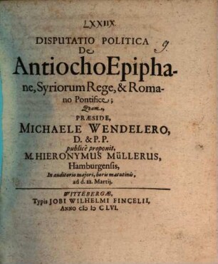 Disp. pol. de Antiocho Epiphane, Syriorum rege, et Romano pontifice