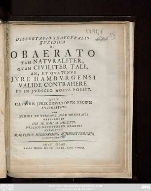 Dissertatio Inavgvralis Jvridica De Obaerato Tam Natvraliter, Qvam Civiliter Tali, An, Et Qvatenvs Jvre Hambvrgensi Valide Contrahere Et In Jvdicio Agere Possit