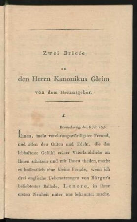Zwei Briefe an den Herrn Kanonikus Gleim von dem Herausgeber
