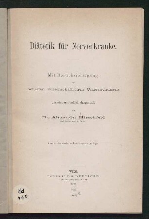 Diätetik für Nervenkranke : mit Berücksichtigung der neuesten wissenschaftlichen Untersuchungen